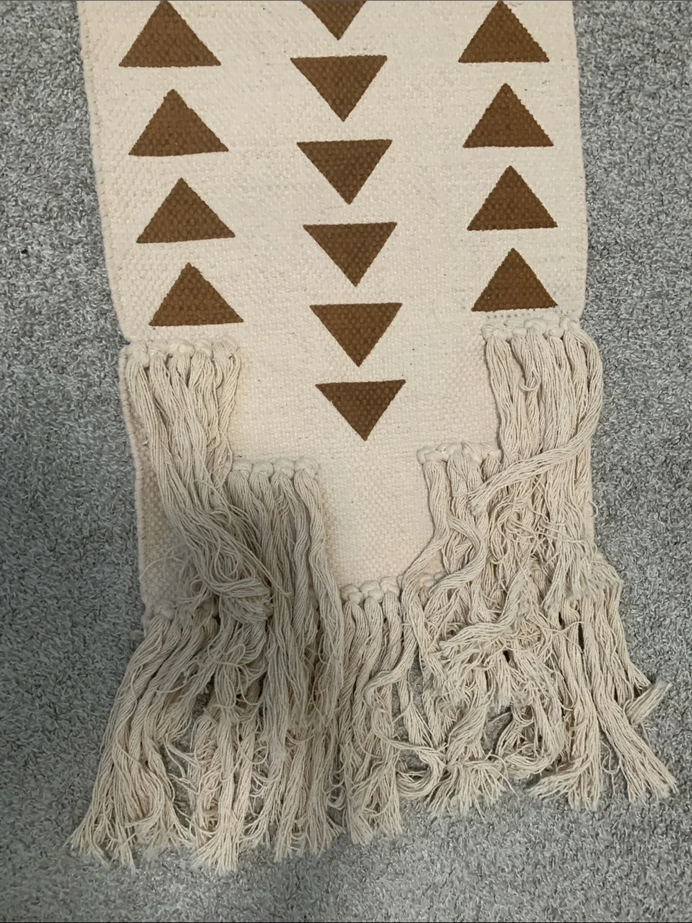 Boho Neutral Cream Macramé Wall Hanging with Brown Triangle Pattern